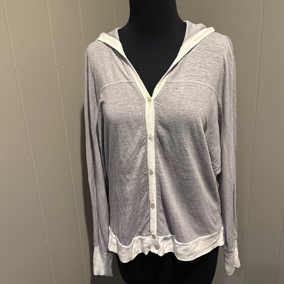Eileen Fisher 100% linen gray w/white rib trim button front hoodie sweater Small - Picture 1 of 6